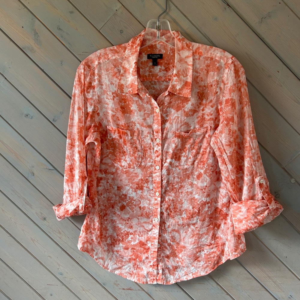 Talbots Womens Orange White Floral Watercolor Button Down Roll Tab Shirt Size 10